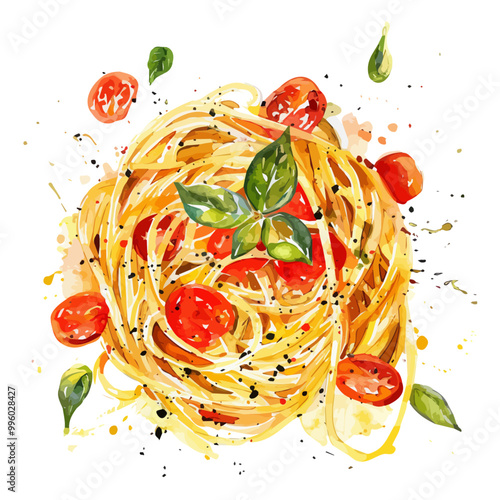 Watercolor spaghetti illustration painting isolated on, illustration of spaghetti with tomato sauce and basil on paper painting, vector food