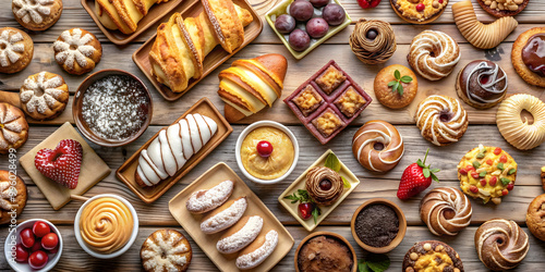 Table-top view of a variety of delicious sweet pastries , pastries, bakery, dessert, sweets, treats, baked goods