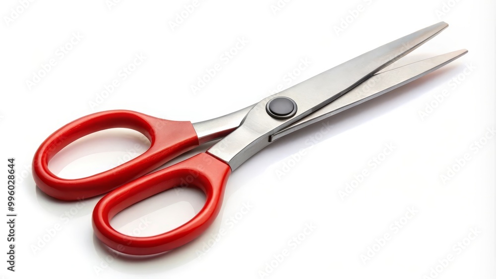 Red scissors lying open on a white surface, sharp blades reflecting light Red scissors lying open on a white surface, sharp blades reflecting light