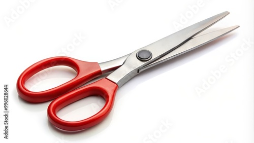 Red scissors lying open on a white surface, sharp blades reflecting light