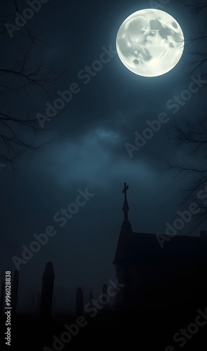 Wallpaper Mural Photograph close to an abandoned and ruined cemetery with a huge full moon. Fog, smoke, dark tones, night time, moonlight and dark shadows. Torontodigital.ca