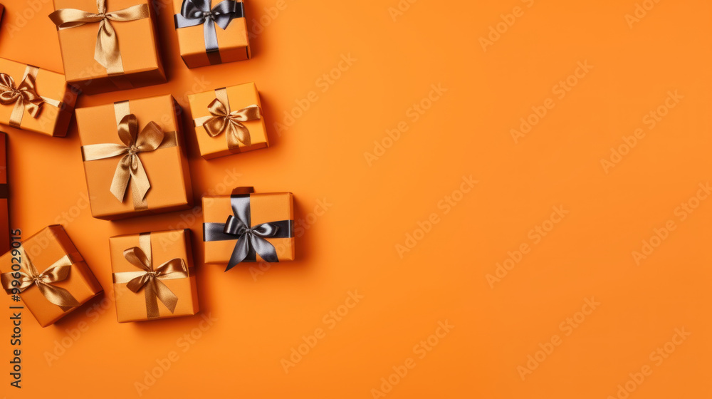 Obraz premium Top view of gifts, bows and Christmas decorations on a orange background
