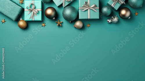 Top view of gifts, bows and Christmas decorations on a cyan background