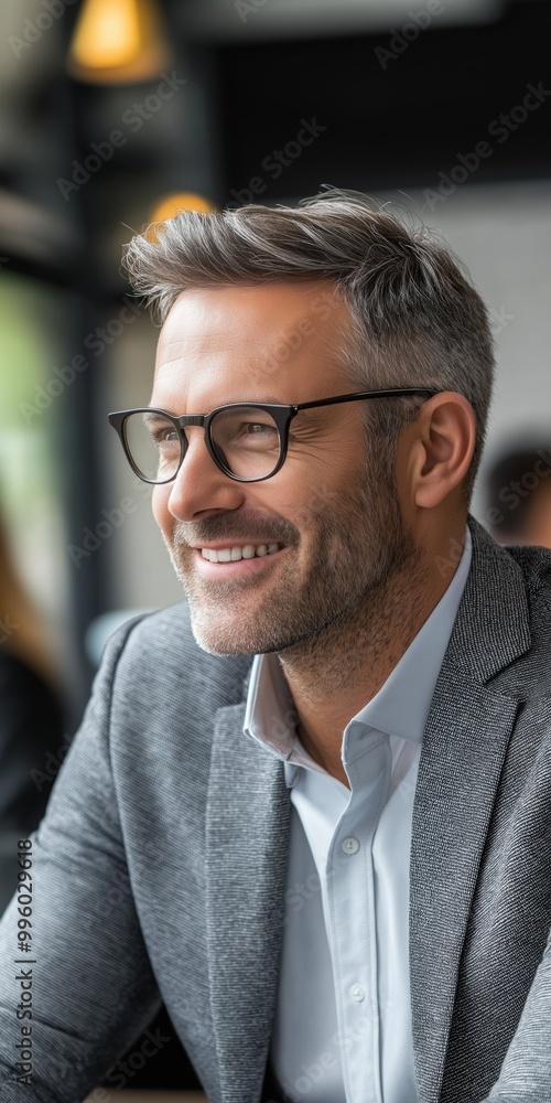A man wearing glasses and a gray jacket is smiling. He is wearing a blue shirt and a white shirt underneath his jacket A man wearing glasses and a gray jacket is smiling. He is wearing a blue shirt and a white shirt underneath his jacket
