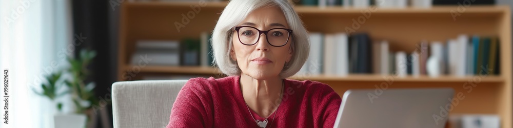 A woman in a red sweater sits at a desk with a laptop in front of her. She is wearing glasses and she is focused on her work A woman in a red sweater sits at a desk with a laptop in front of her. She is wearing glasses and she is focused on her work