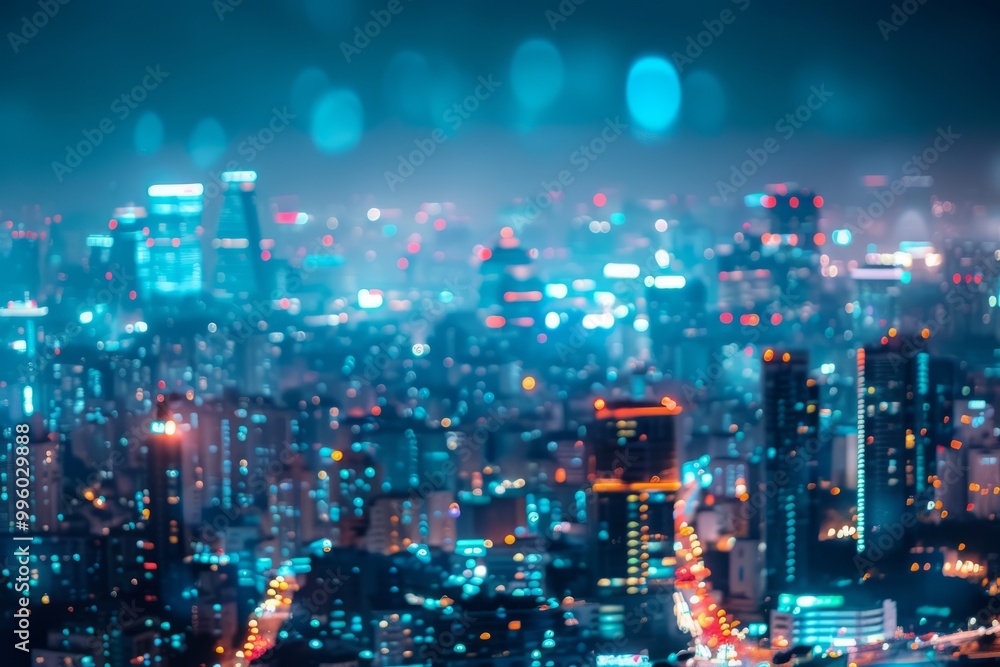 Fototapeta premium Zoom out to a wide shot of the city skyline at night, contrasting the vastness of the world beyond with the student's internal struggles. , background blur
