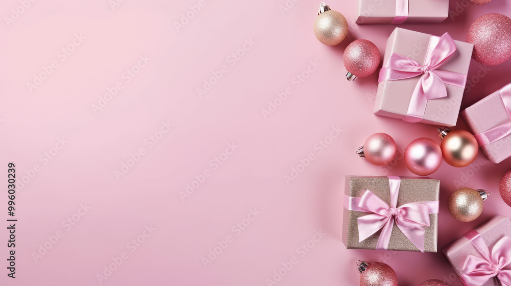 Top view of gifts, bows and Christmas decorations on a pink background Top view of gifts, bows and Christmas decorations on a pink background