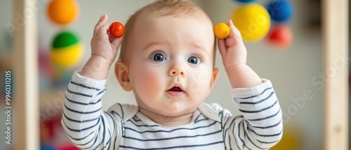 Baby holding colorful balls, surprised expression, indoor setting.