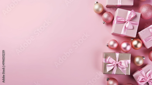 Top view of gifts, bows and Christmas decorations on a pink background