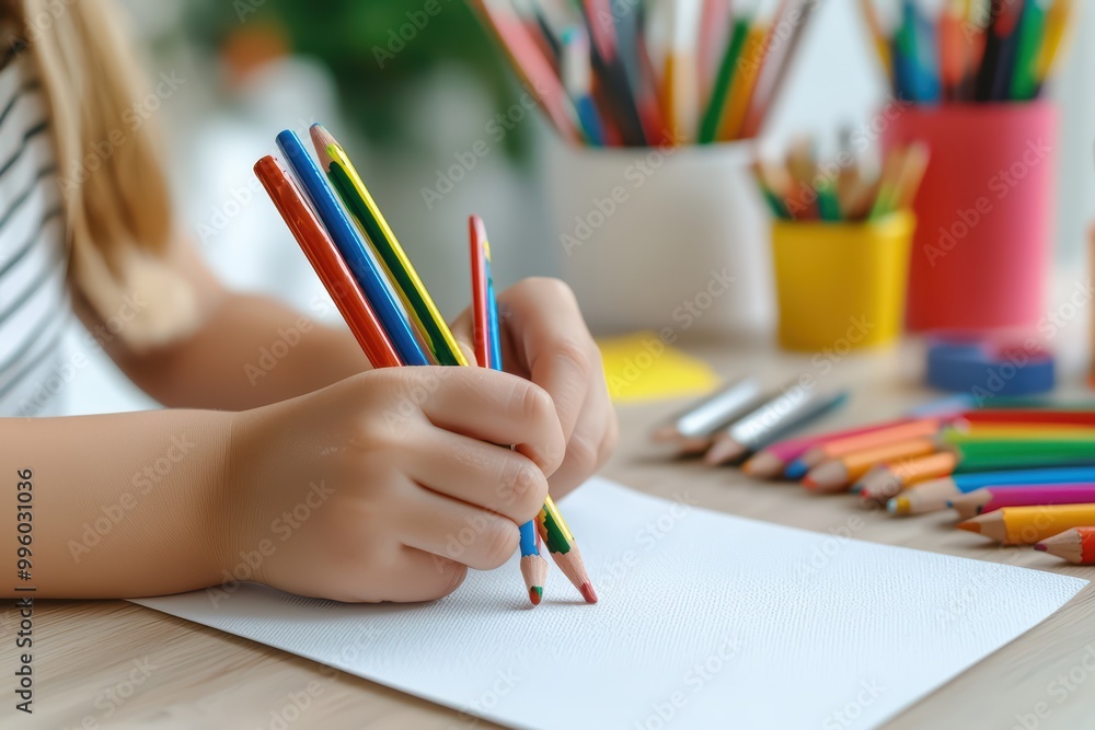Child's hands holding colored pencils over a blank paper, creative and artistic setting. Child's hands holding colored pencils over a blank paper, creative and artistic setting.