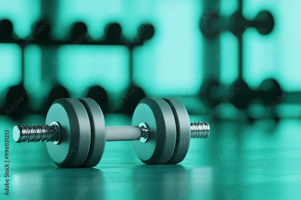 Close-up of a dumbbell on a gym floor with a blurred background. Close-up of a dumbbell on a gym floor with a blurred background.