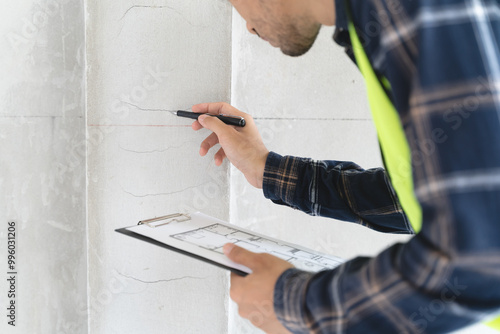 Bilde på lerret Asian inspector checking structure of new property and taking note in the clipbo