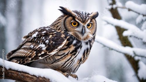 Great horned owl perching on tree branch amidst snowy forest landscape photo