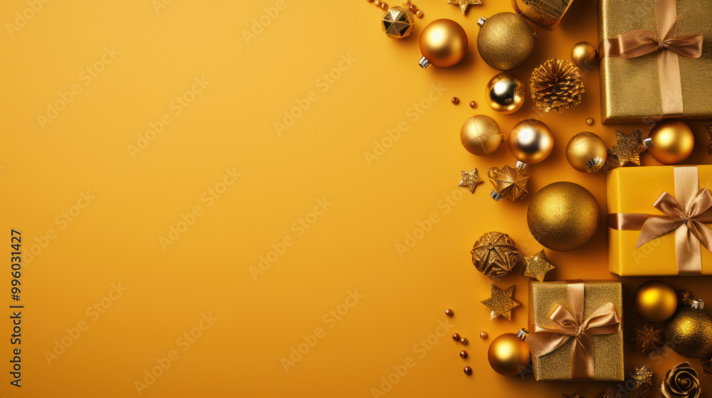 Obraz premium Top view of gifts, bows and Christmas decorations on a dark yellow background