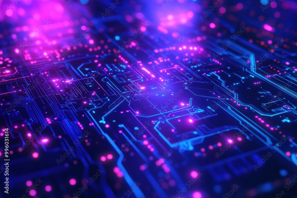 A computer chip with a purple and blue background, generative ai image A computer chip with a purple and blue background, generative ai image