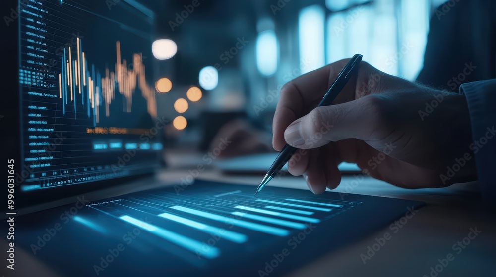 Close-up of hand analyzing data on a digital tablet with graphs and charts. Close-up of hand analyzing data on a digital tablet with graphs and charts.