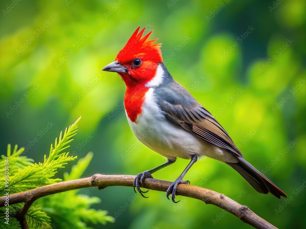 Brilliant red-crested cardinal sits gracefully on a branch, beautifully contrasting with a lush green backdrop, showcasing its vibrant colors in a serene natural habitat. Brilliant red-crested cardinal sits gracefully on a branch, beautifully contrasting with a lush green backdrop, showcasing its vibrant colors in a serene natural habitat.