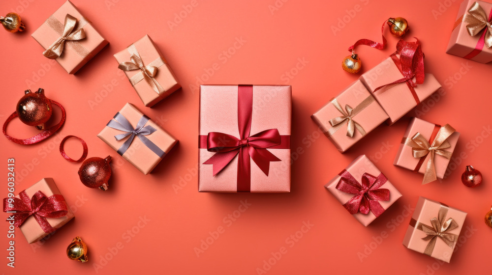 Top view of gifts, bows and Christmas decorations on a light red background Top view of gifts, bows and Christmas decorations on a light red background