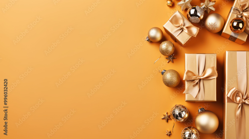 Obraz premium Top view of gifts, bows and Christmas decorations on a light orange background