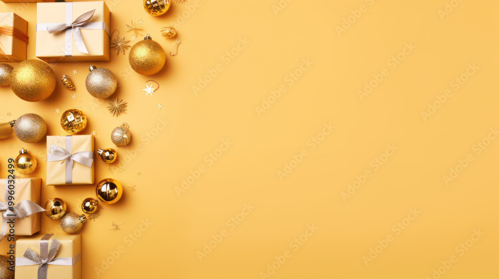 Fototapeta premium Top view of gifts, bows and Christmas decorations on a light yellow background