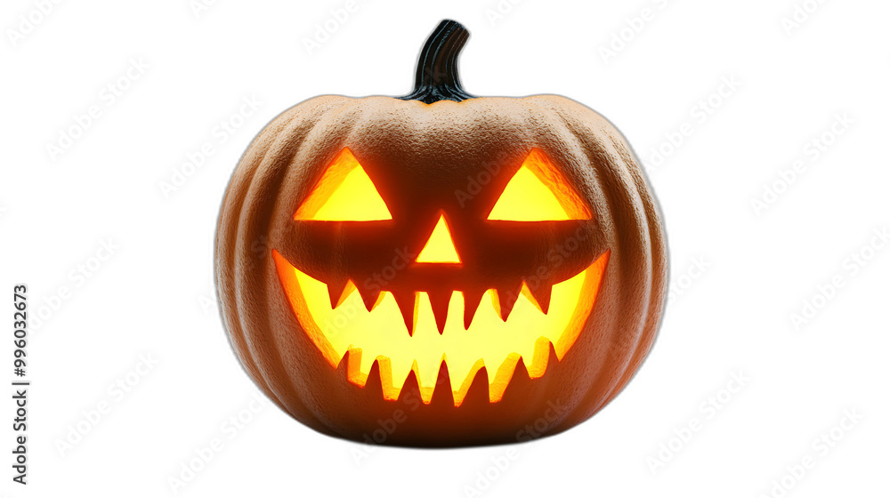 A glowing jack-o-lantern with a sinister grin isolated on a plain white background A glowing jack-o-lantern with a sinister grin isolated on a plain white background