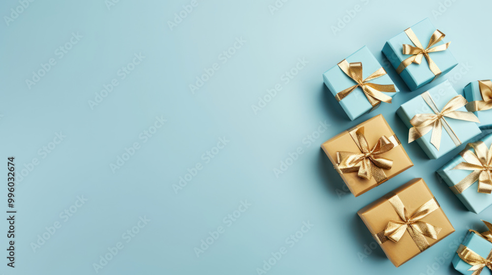 Top view of gifts, bows and Christmas decorations on a light blue background Top view of gifts, bows and Christmas decorations on a light blue background