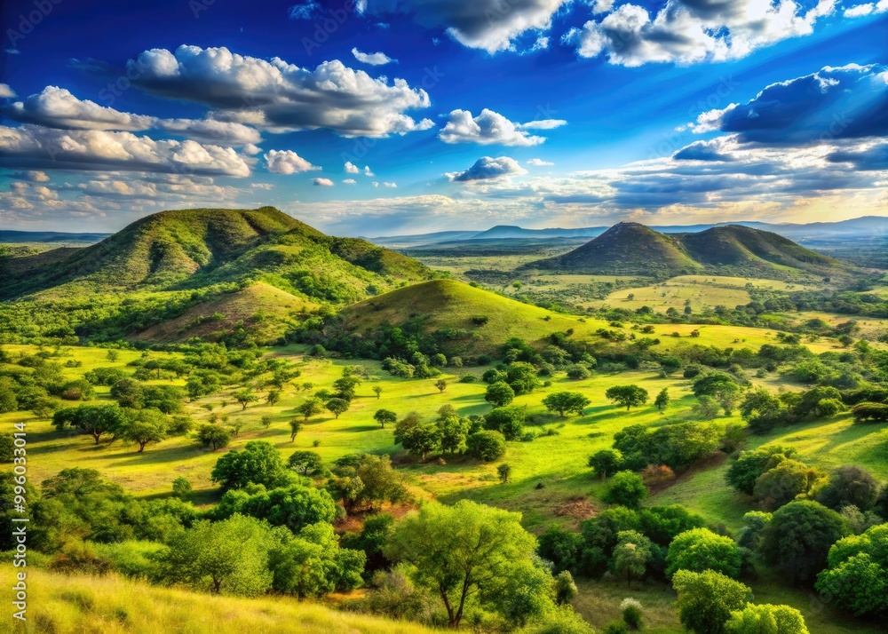 Fototapeta premium Breathtaking Musina scenery features rolling hills adorned with lush greenery, all under a bright blue sky, showcasing the beauty and serenity of nature.