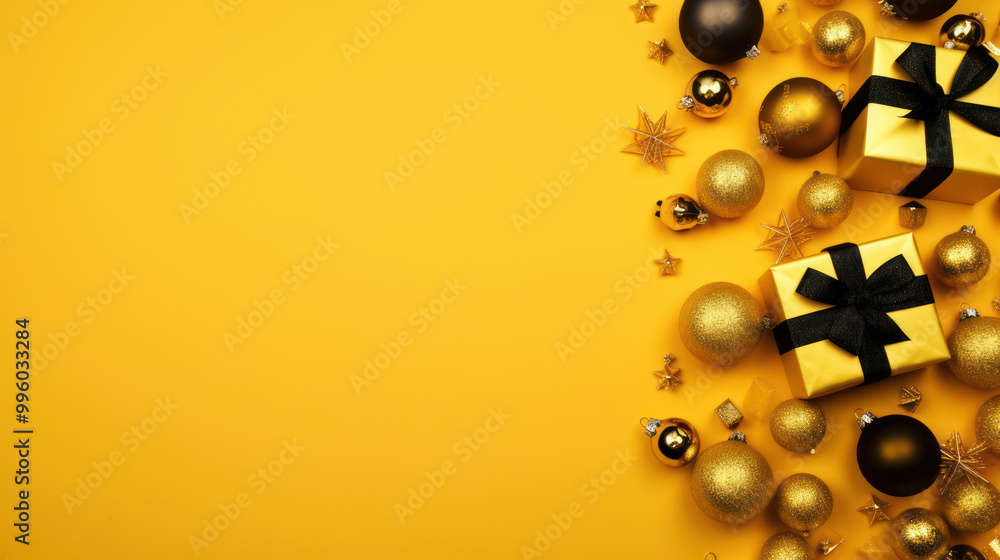 Obraz premium Top view of gifts, bows and Christmas decorations on a vivid yellow background