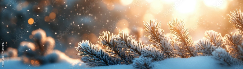 Winter sun shining on snow-covered pine needles, creating a serene atmosphere. Winter sun shining on snow-covered pine needles, creating a serene atmosphere.