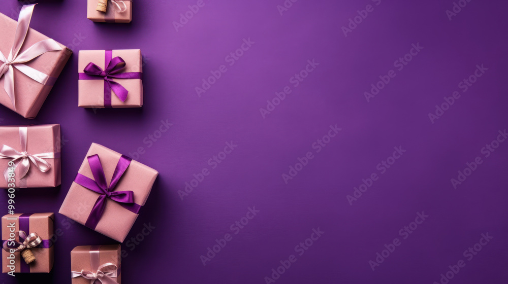 Top view of gifts, bows and Christmas decorations on a vivid purple background Top view of gifts, bows and Christmas decorations on a vivid purple background