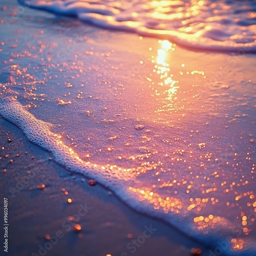 Gentle ocean waves reflecting sunset colors on sandy shore.
