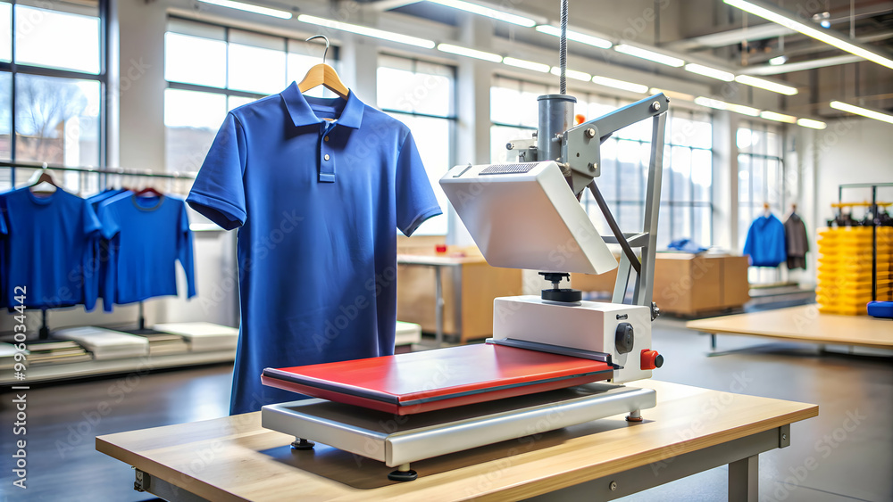 Digital t-shirt printing heat press machine in action at a production shop, textile, design, technology Digital t-shirt printing heat press machine in action at a production shop, textile, design, technology