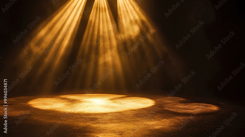 Golden beams illuminate a dark space, casting a warm glow on the ground, creating a serene and dramatic atmosphere. Golden beams illuminate a dark space, casting a warm glow on the ground, creating a serene and dramatic atmosphere.