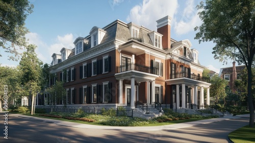 Wallpaper Mural A stately brick mansion with a porch and columns, surrounded by lush greenery and a cobblestone road. Torontodigital.ca