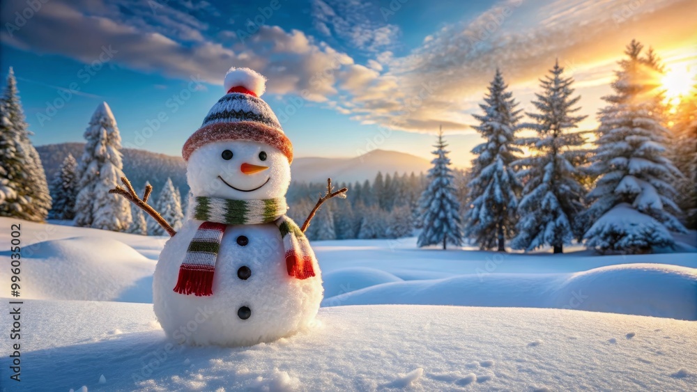 Obraz premium Happy snowman is standing in a snowy forest with the sun setting behind it