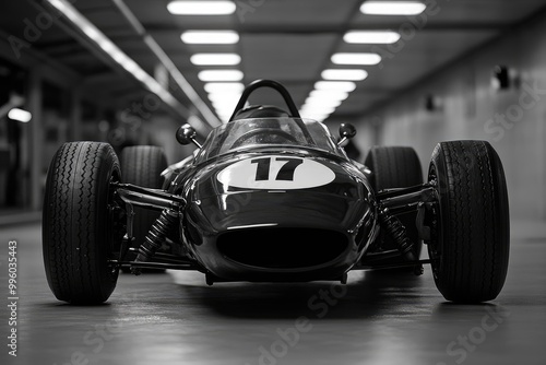 Black and white vintage formula one race car parked indoors