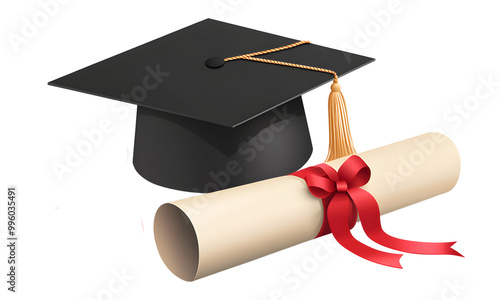 Graduation cap and diploma with decorative ribbon, Transparent background 