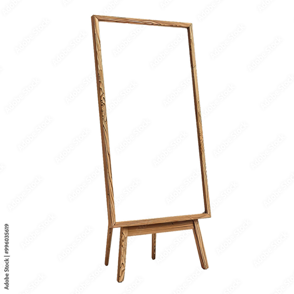 Tall wooden stand for posters and pictures showing a white background, isolated on white Tall wooden stand for posters and pictures showing a white background, isolated on white