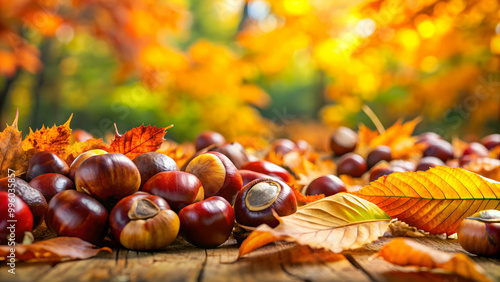 Horse chestnuts scattered on vibrant autumn foliage, autumn, leaves, colors, chestnuts, nature, fall, seasonal, foliage, outdoors