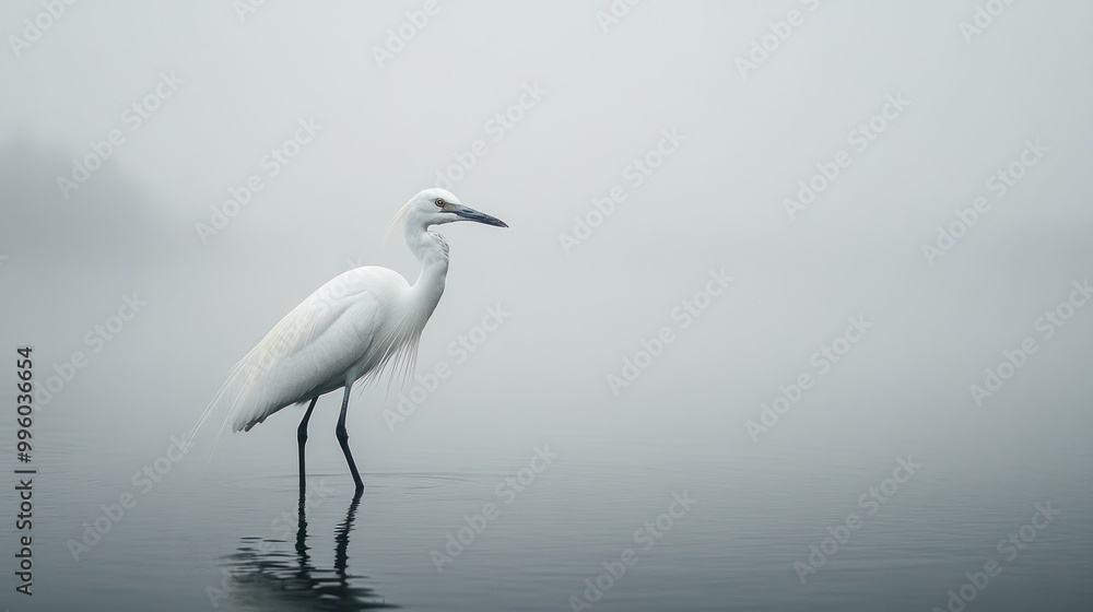 White egret standing in a misty lake White egret standing in a misty lake