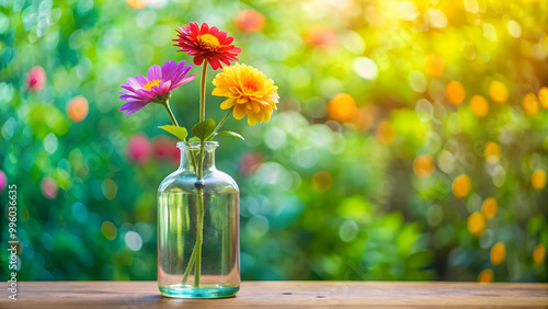 Colorful hand-made flower in a vintage glass bottle against a botanical background