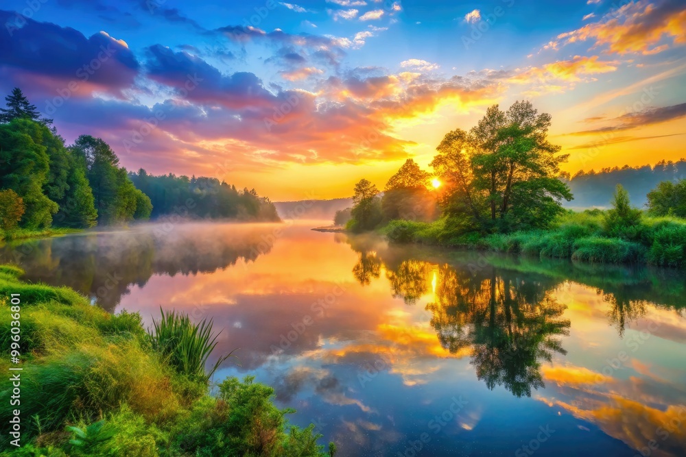 A tranquil sunrise illuminates a serene landscape, where gentle mist envelops lush greenery, beautifully mirrored on the calm surface of the still water. A tranquil sunrise illuminates a serene landscape, where gentle mist envelops lush greenery, beautifully mirrored on the calm surface of the still water.