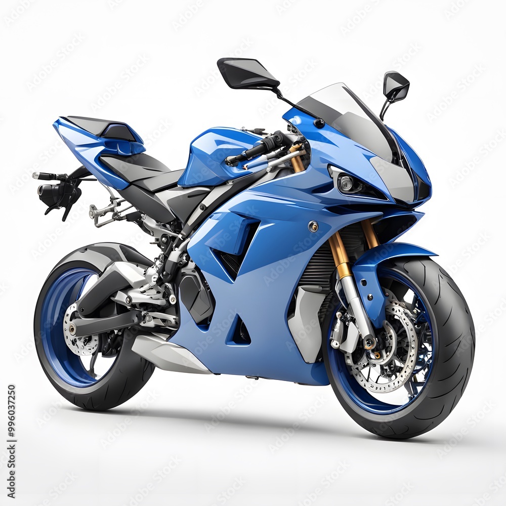 A Blue Sport Bike Motorcycle Isolated on White Background A Blue Sport Bike Motorcycle Isolated on White Background