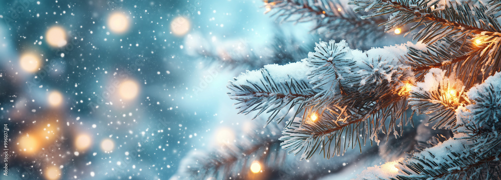 A close-up of snow-covered fir tree branches illuminated by warm glowing Christmas lights, set against a frosty winter background with falling snow A close-up of snow-covered fir tree branches illuminated by warm glowing Christmas lights, set against a frosty winter background with falling snow