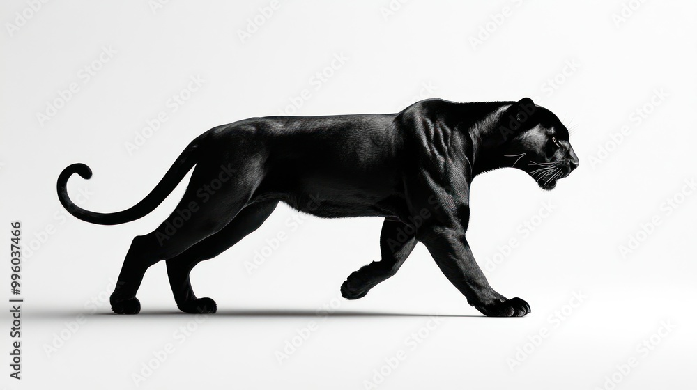 Fototapeta premium A Black Panther Walking on a White Background