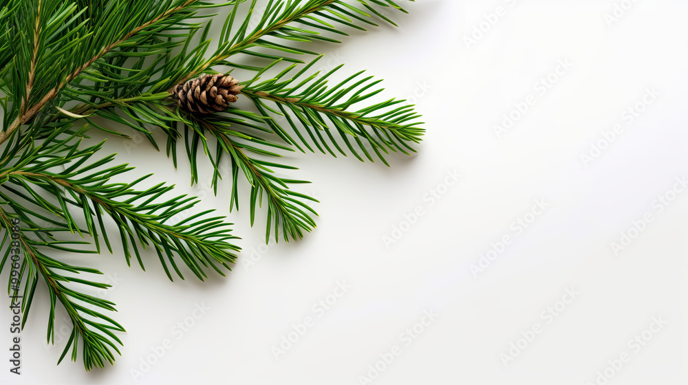 Top view of tree branches with Christmas ornaments and details on a white background Top view of tree branches with Christmas ornaments and details on a white background