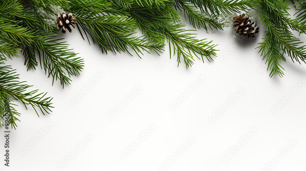Obraz premium Top view of tree branches with Christmas ornaments and details on a white background