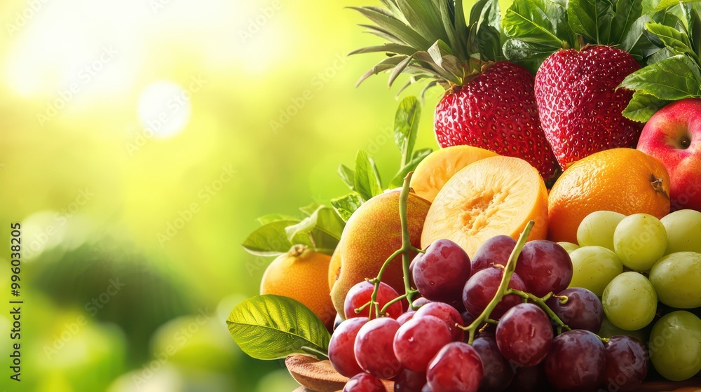 Fresh assorted fruits on a wooden bowl, surrounded by lush greenery. Fresh assorted fruits on a wooden bowl, surrounded by lush greenery.