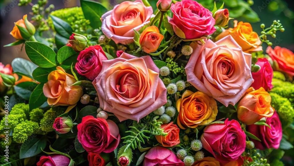 A stunning floral display with rich roses interspersed among delicate green foliage, creating an elegant and vibrant atmosphere that celebrates nature's beauty in full bloom. A stunning floral display with rich roses interspersed among delicate green foliage, creating an elegant and vibrant atmosphere that celebrates nature's beauty in full bloom.