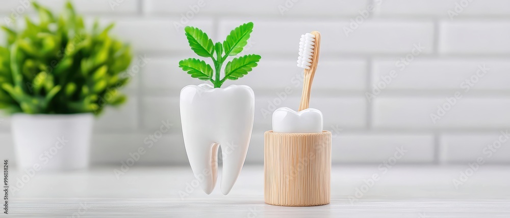 Fresh dental care setup with a tooth model, toothbrush, and plant. Fresh dental care setup with a tooth model, toothbrush, and plant.